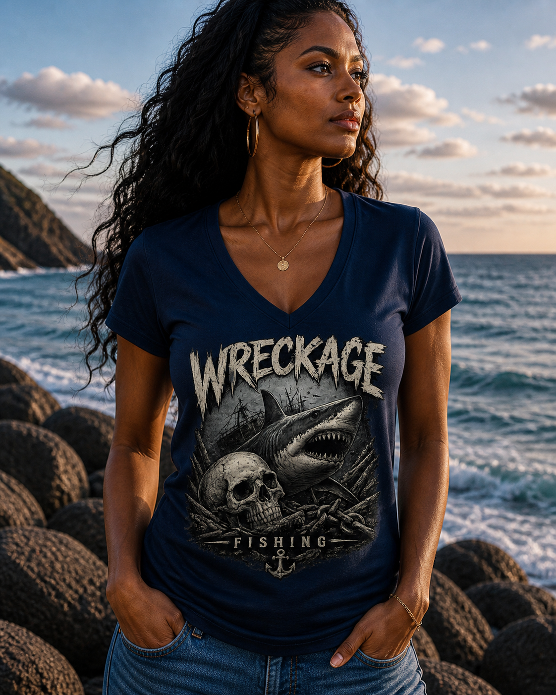 WF Skull and Shark Women's V-Neck navy.png
