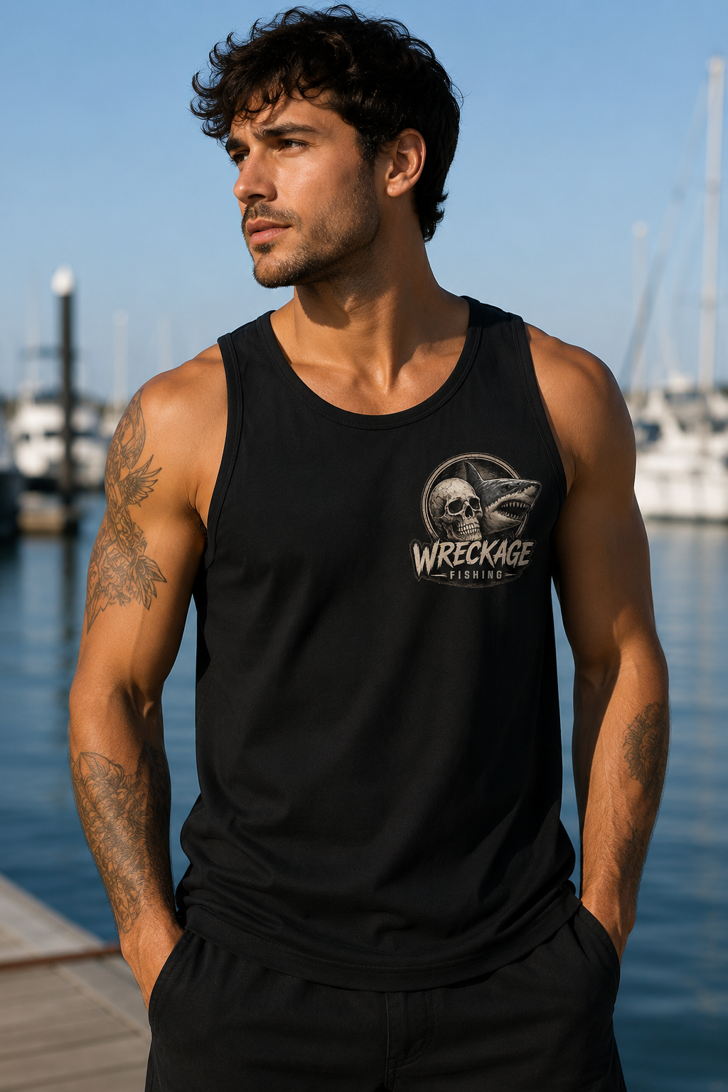 WF Skull and Shark men's Tank Top Black front.png