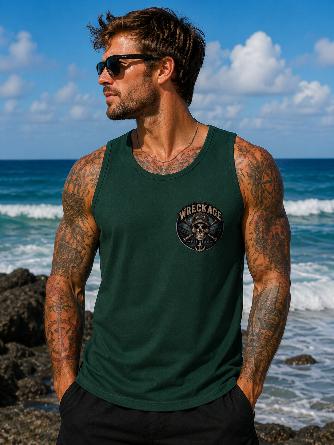 WF Skull and Wreckage Men's Tank top fgreen front.png