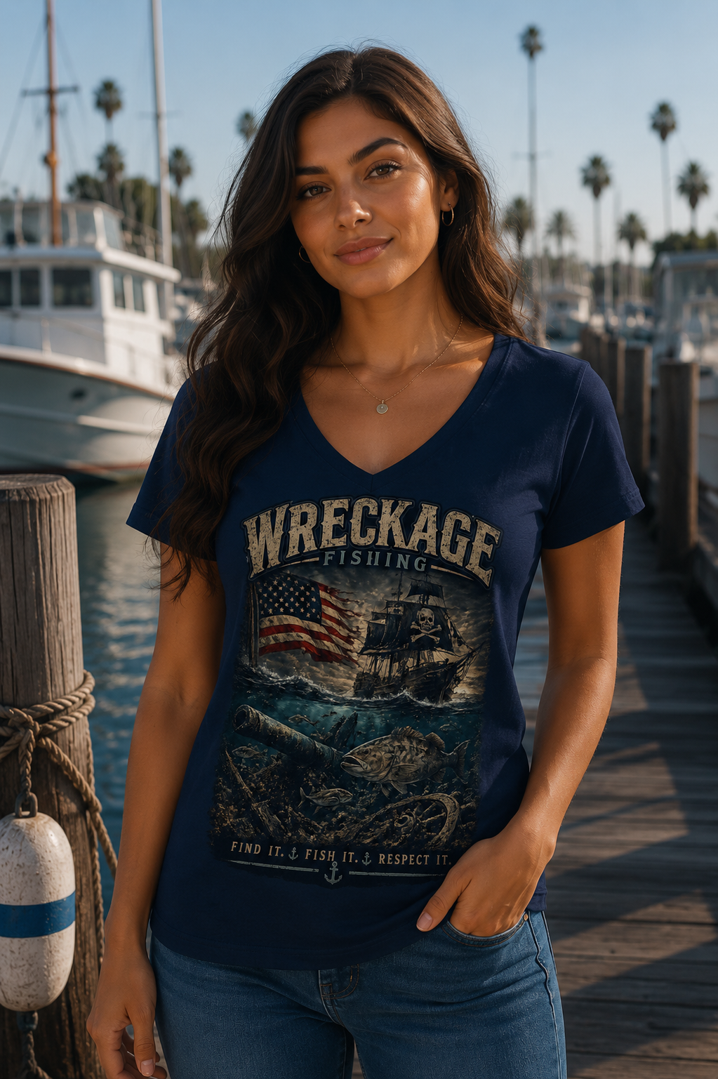 WF Pirate Ship and Amer Flag Women's V-Neck navy.png