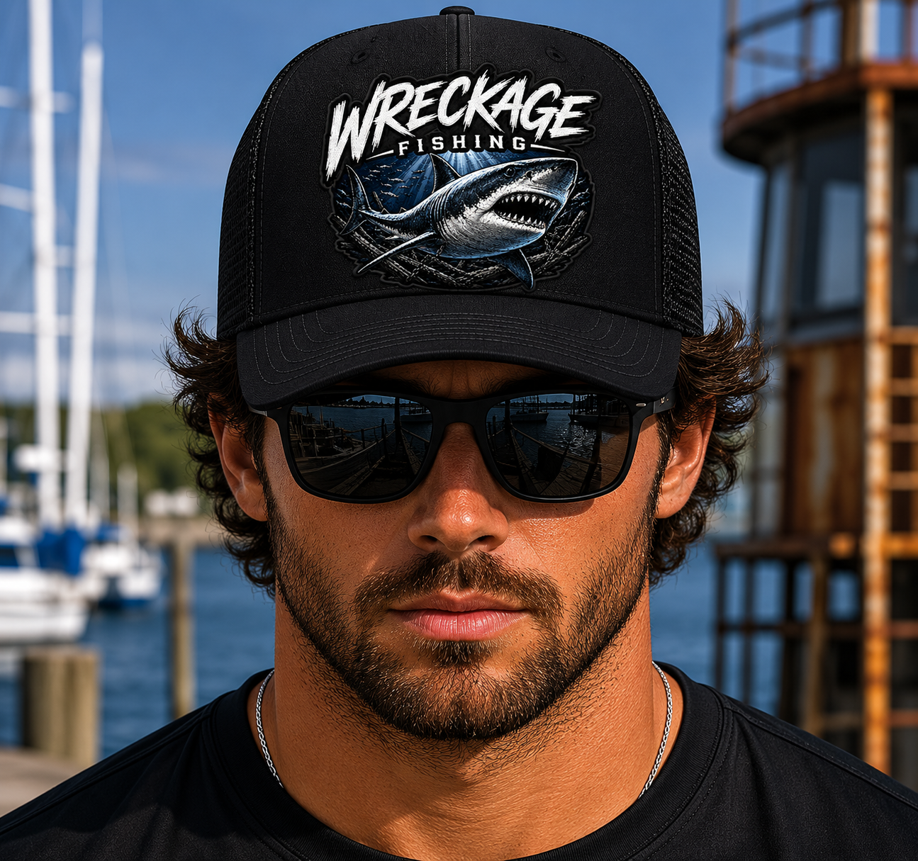 Wf shark Trucker hat Black:black front.png