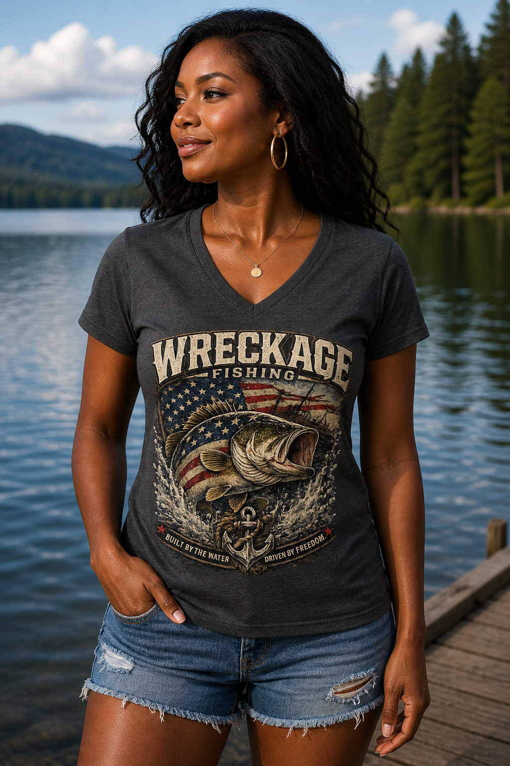 WF Patriotic Bass Women's V-Neck charcoal.png