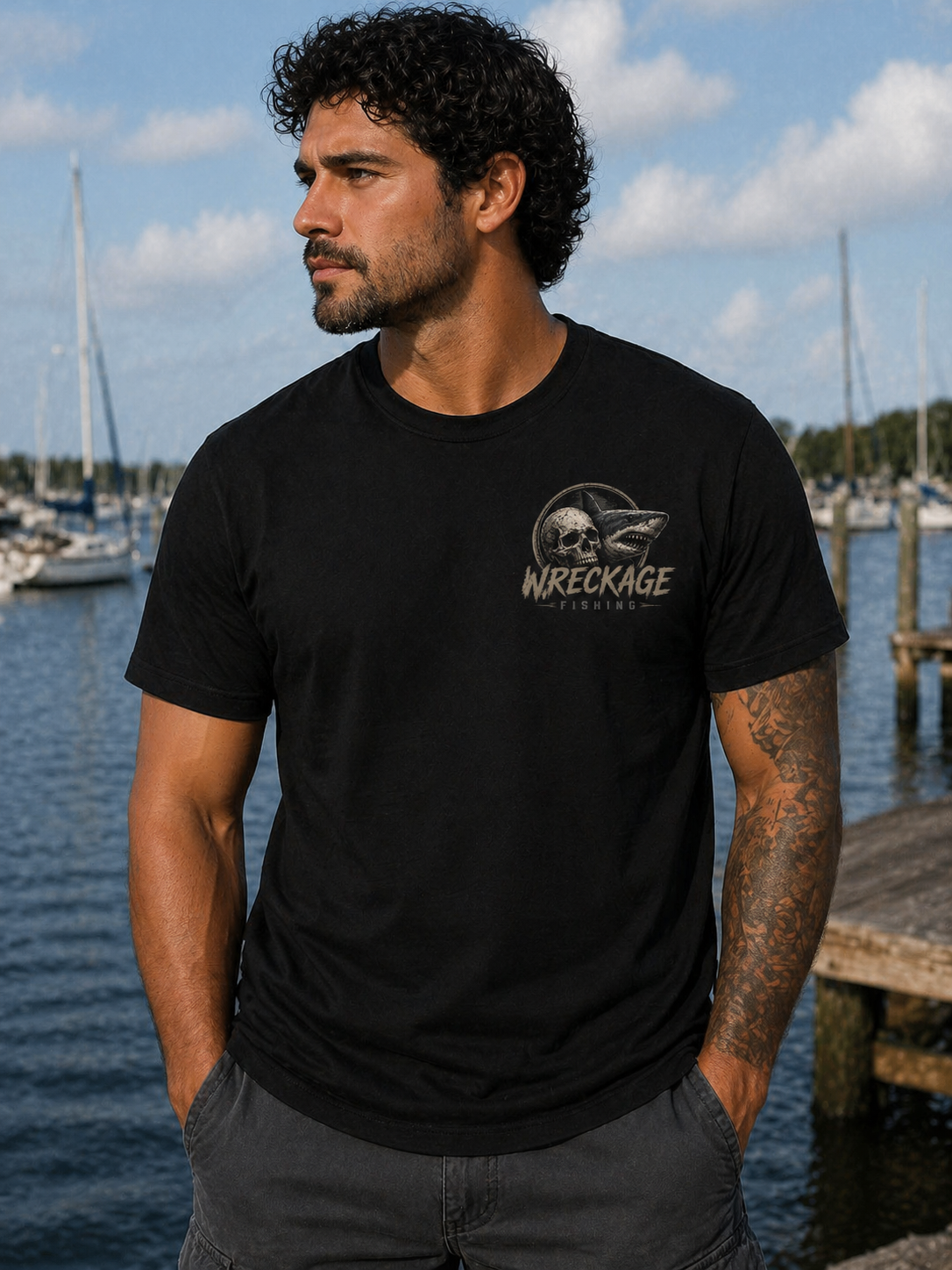 WF Skull and Shark Tshirt Black Front.png