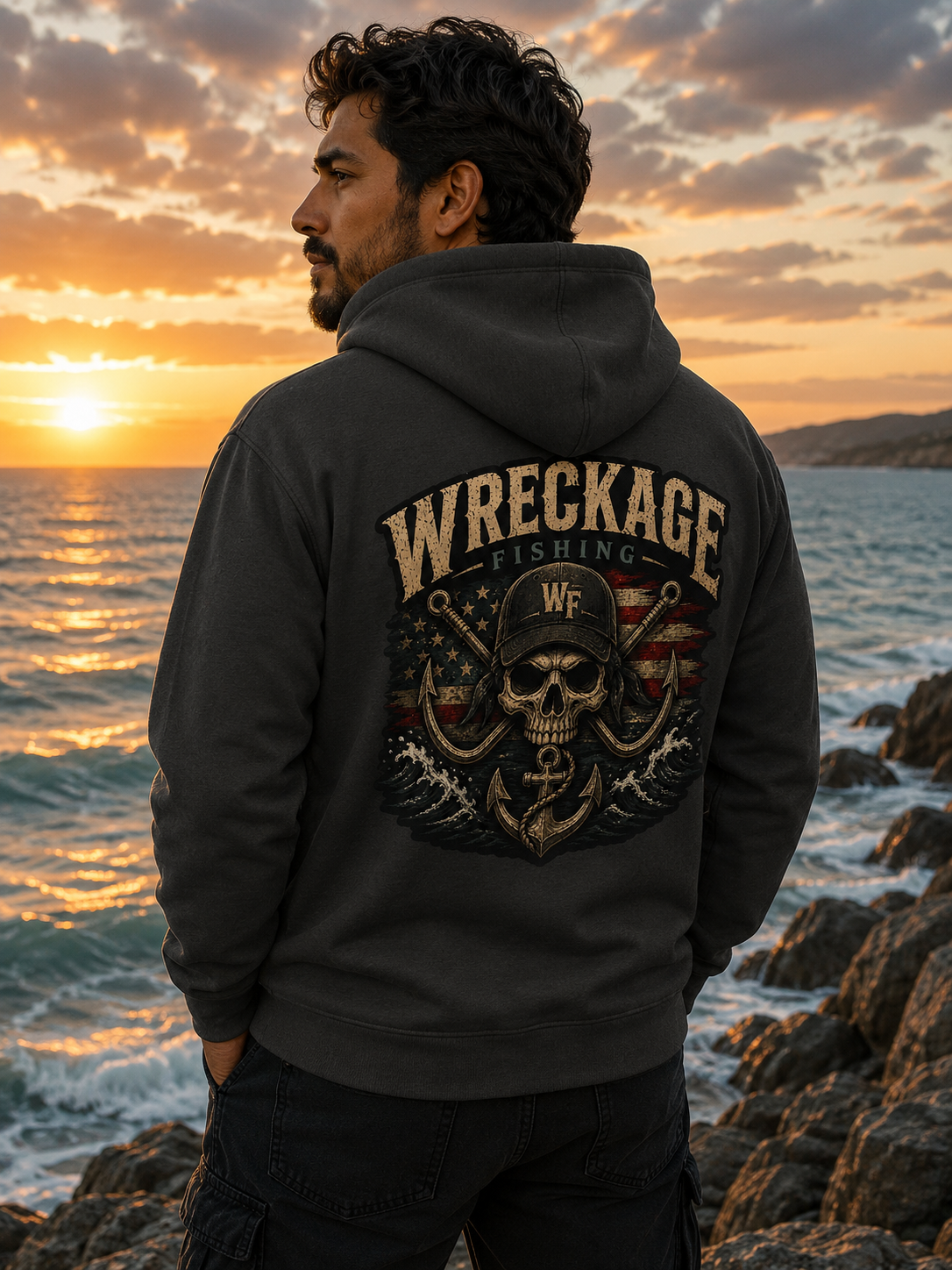 Wreckage Fishing Hat and Skull Hoodie