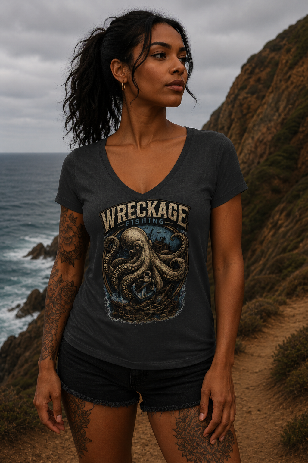 WF Octopus Women's V-neck T-shirt charcoal.png