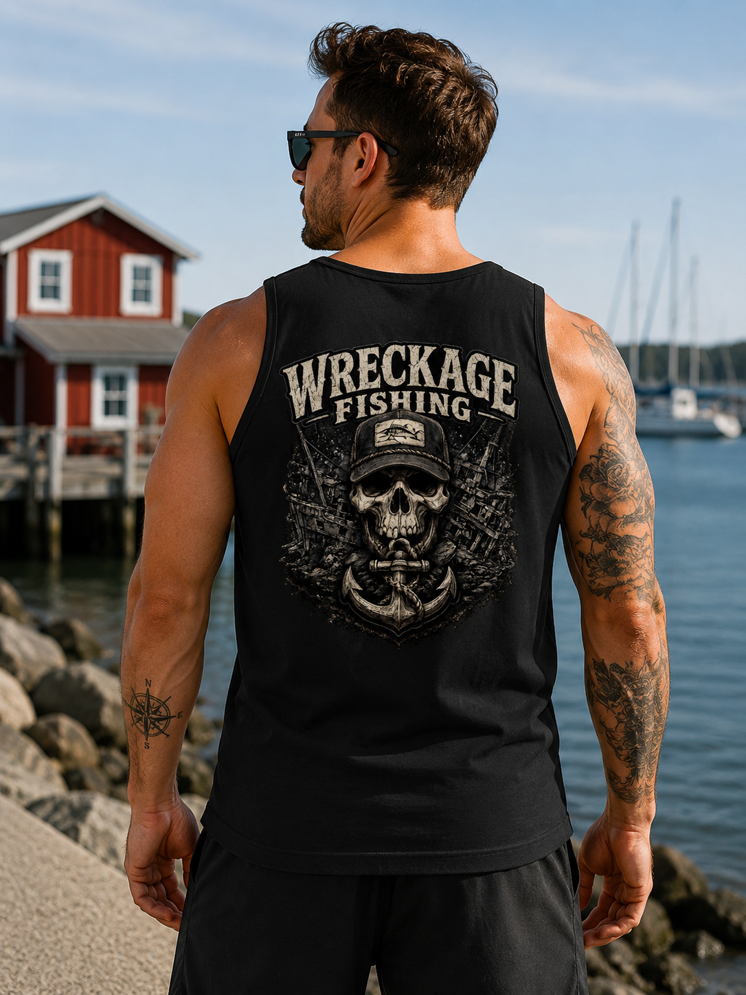 Wreckage Fishing Black and Gray Skull Men's Tank Top