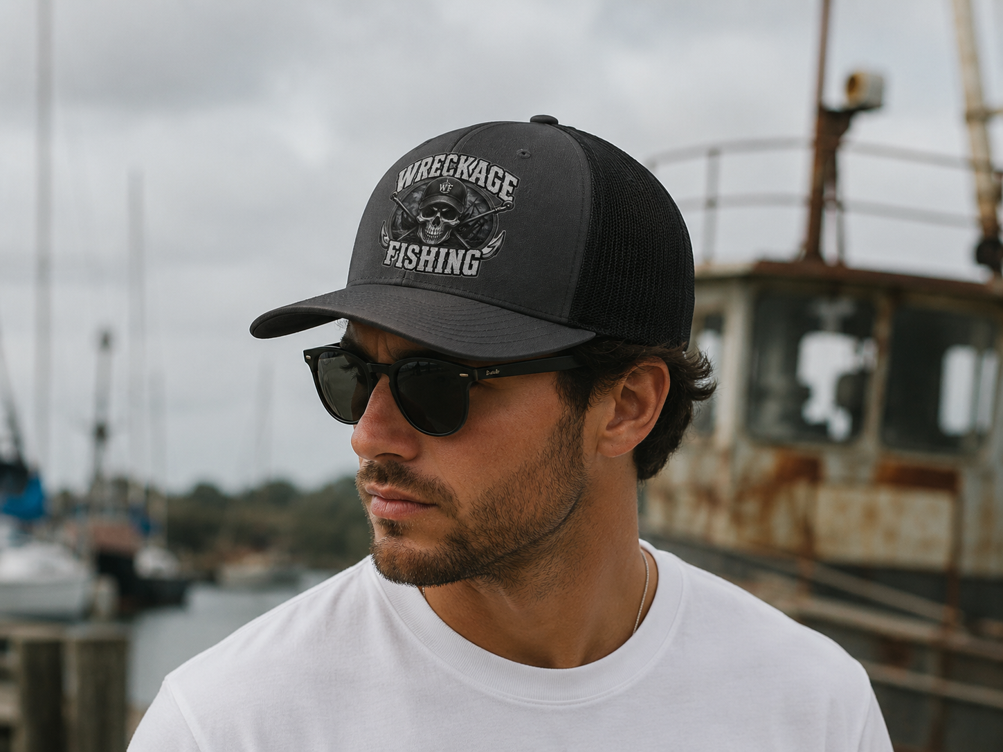 WF Skull and Hooks Trucker Hat Charcoal:Black side.png