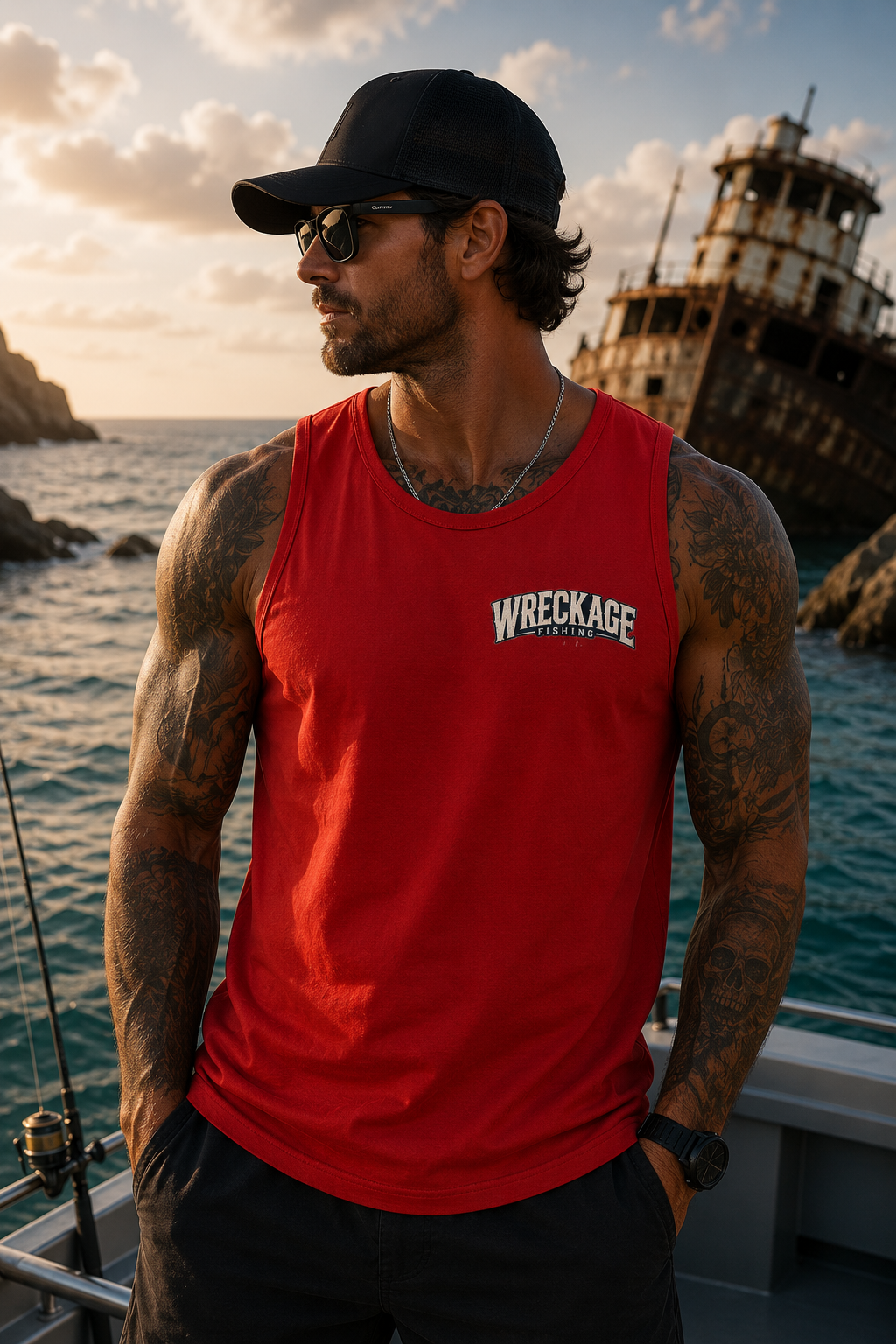 Wf Shark men's tank Top red front.png