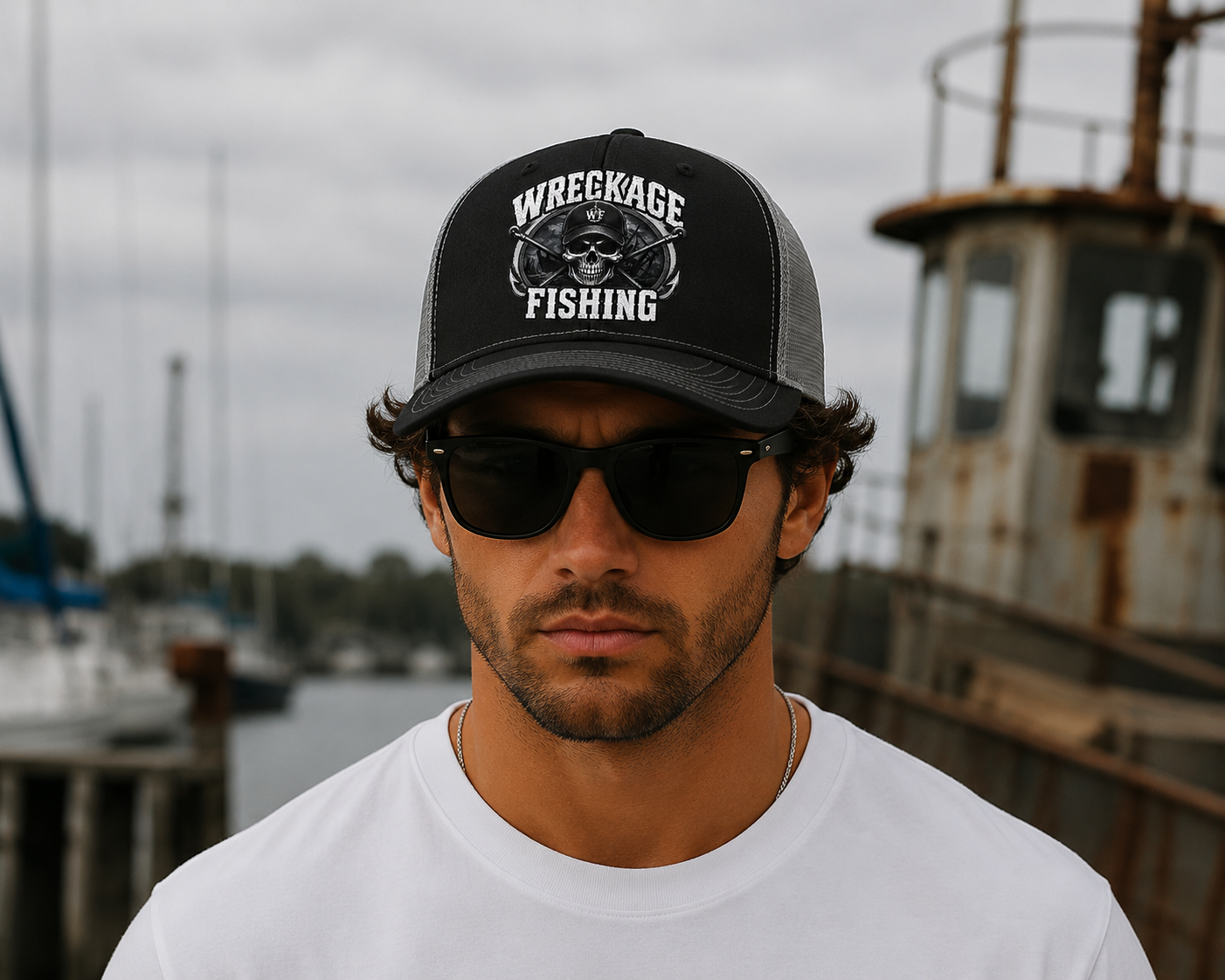 WF Skull and Hooks Trucker Hat black:charcoal front.png