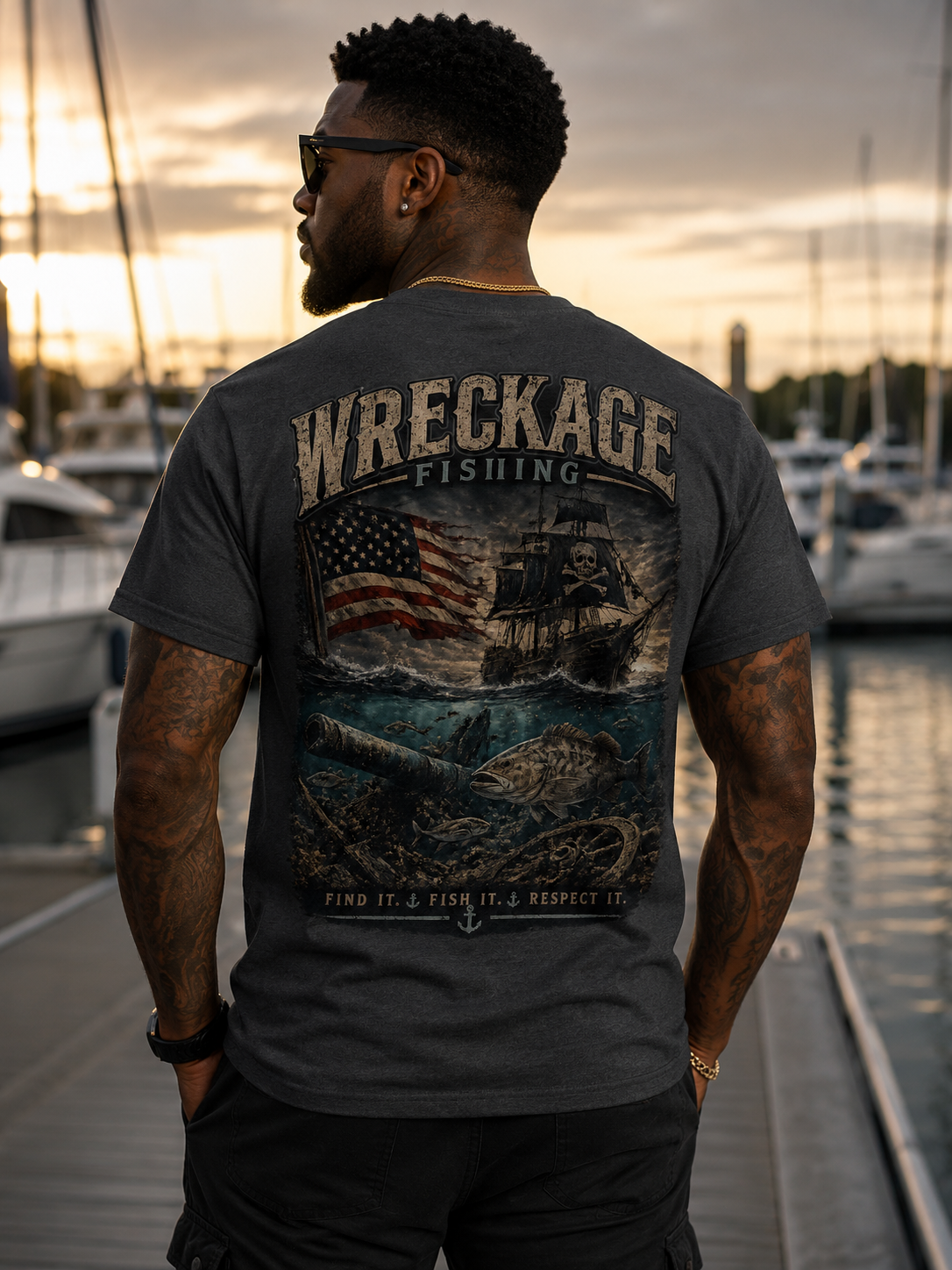 Wreckage Fishing Pirate Ship and American Flag Men's T-Shirt