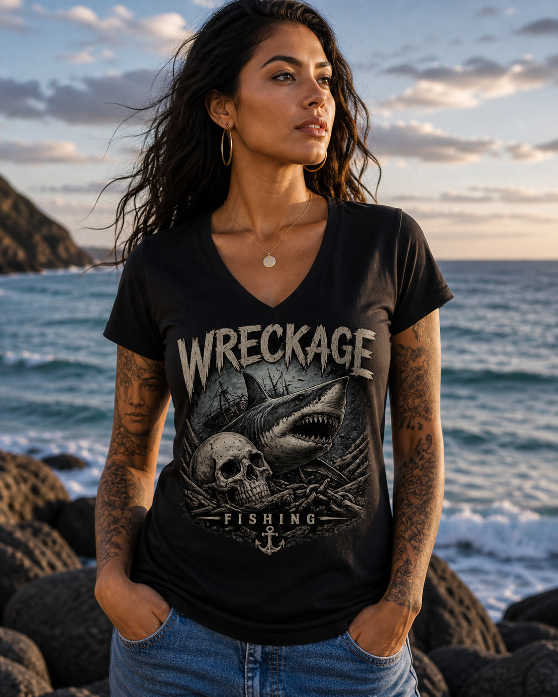 WF Skull and Shark Women's V-Neck Black.png