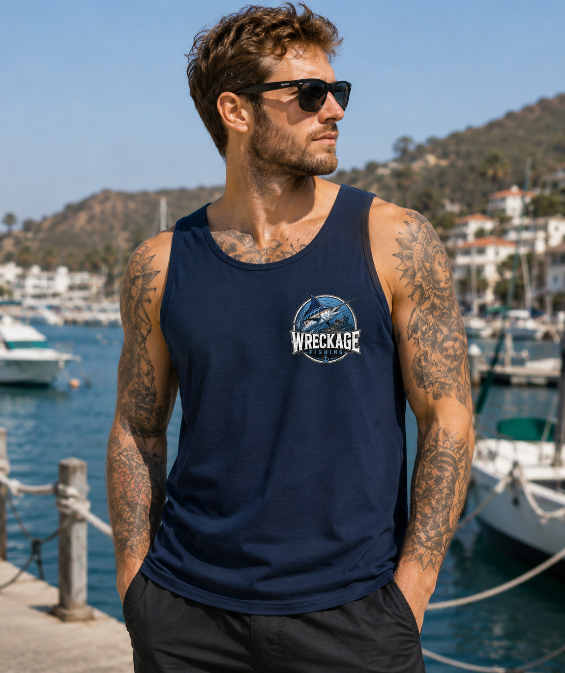 WF marlin men's Tank Top navy front.png