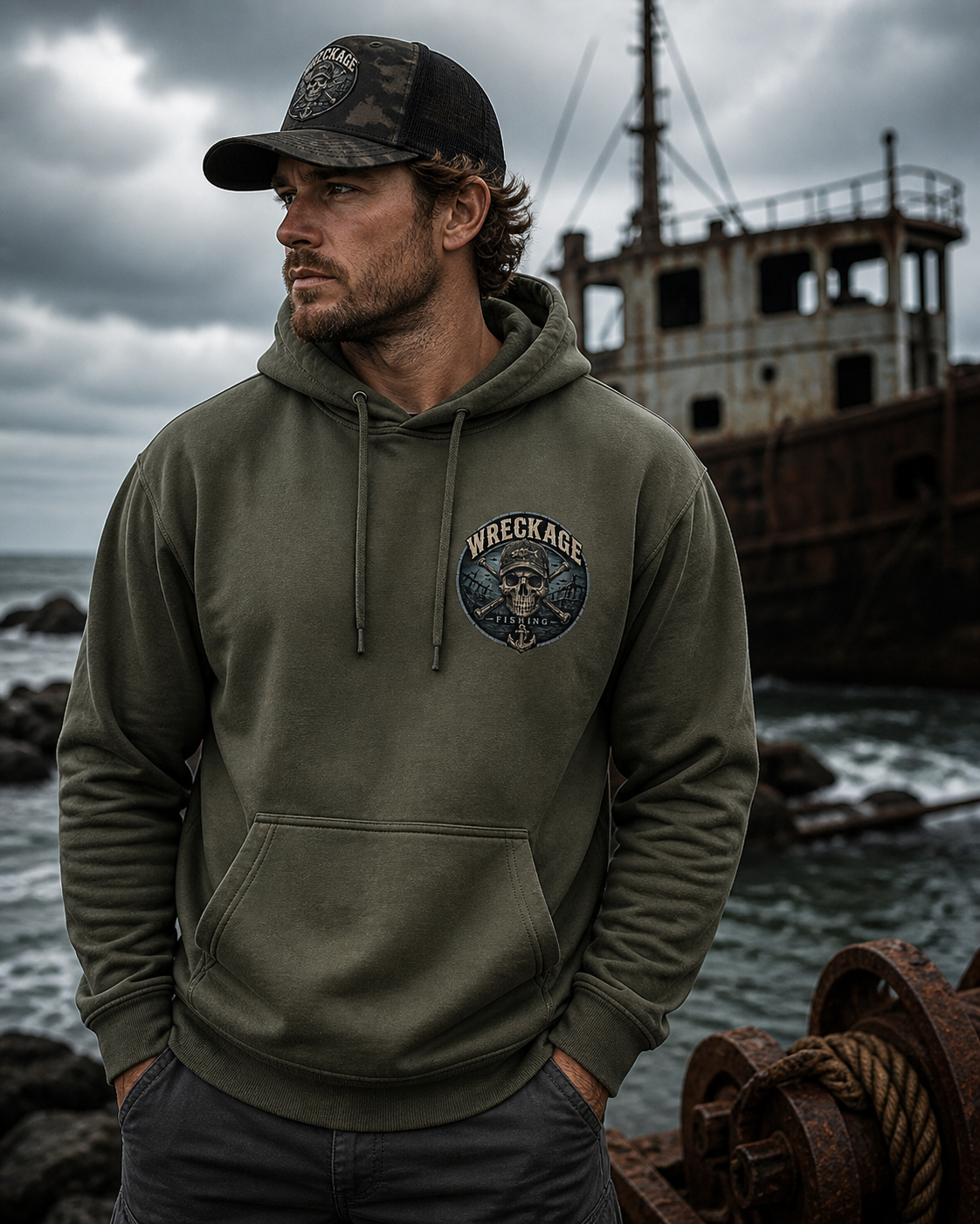 WF Skull and Wreckage hoodie mgreen front.png
