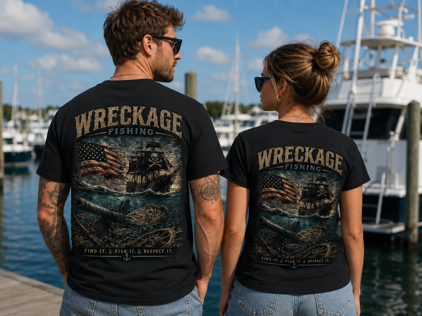 Wreckage Fishing Pirate Ship and American Flag Men's T-Shirt