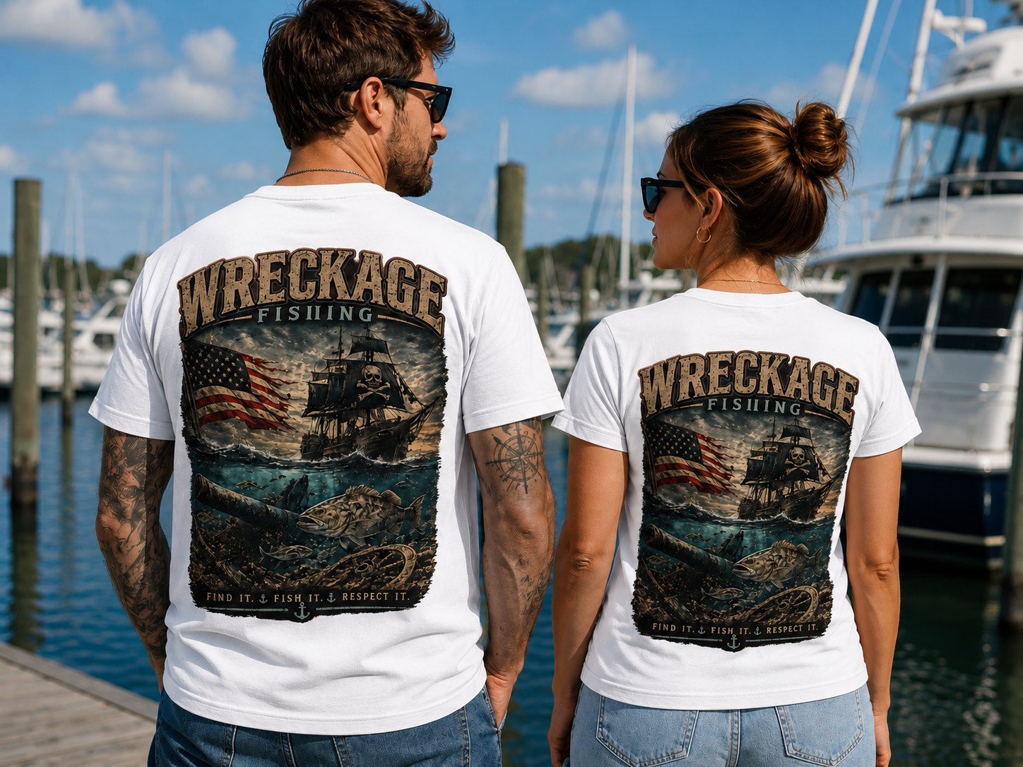 Wreckage Fishing Pirate Ship and American Flag Men's T-Shirt