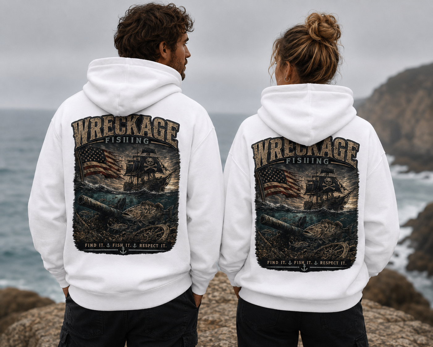 Wreckage Fishing Pirate Ship and American Flag Hoodie