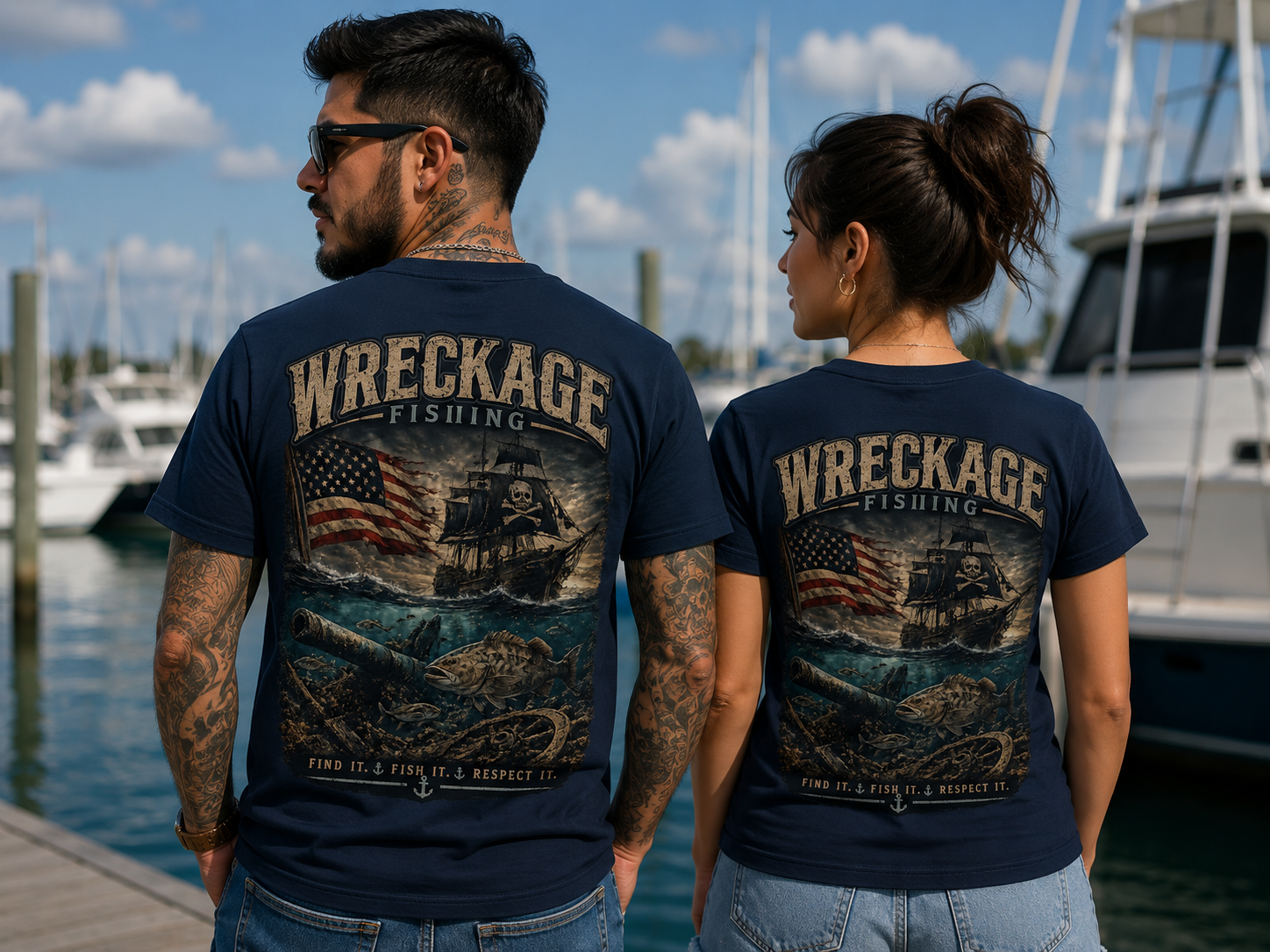 Wreckage Fishing Pirate Ship and American Flag Men's T-Shirt