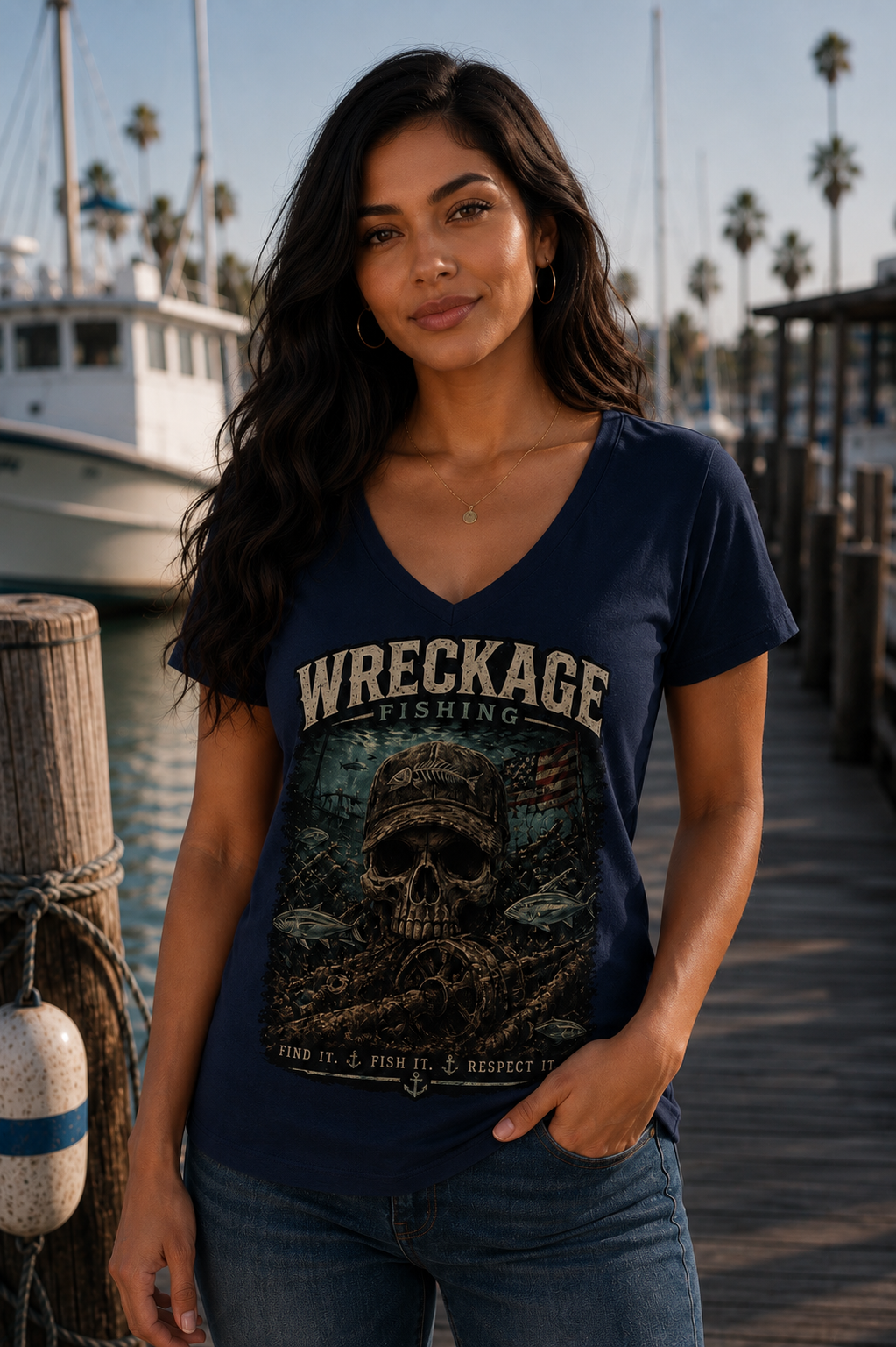 WF Skull and Wreckage Women's V-Neck navy.png