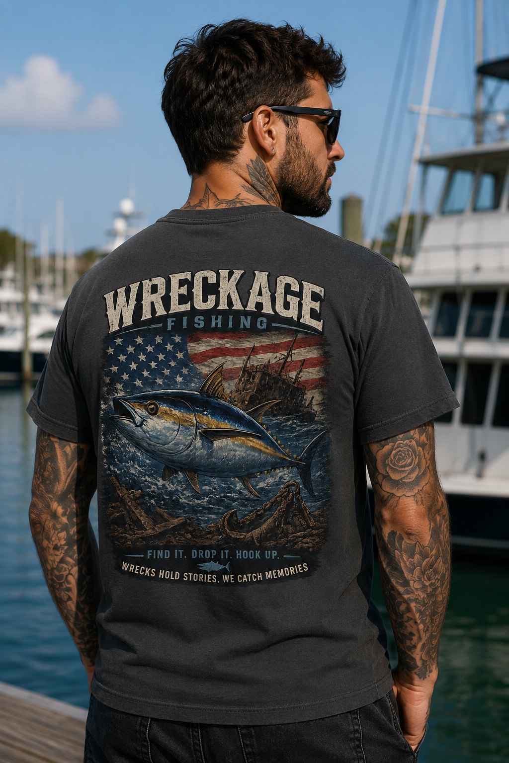 A man with tattoos wearing sunglasses and a dark T-shirt with a fish graphic, standing on a dock with boats in the background.