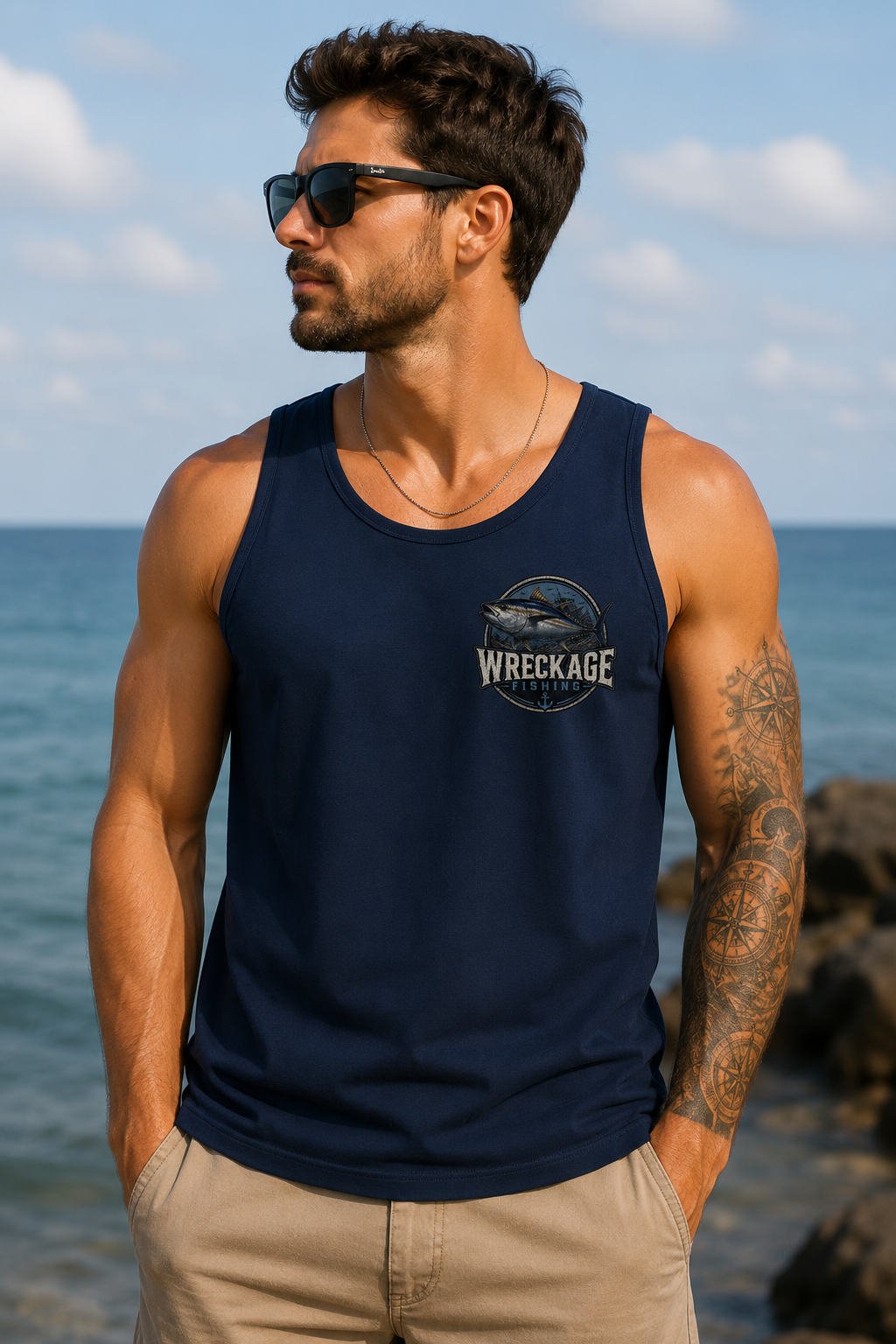 WF Bluefin tuna Mens Tank top navy front.png