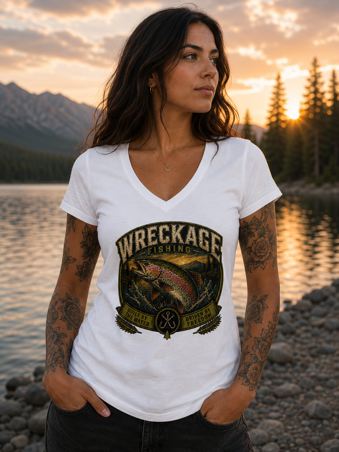 WF Rainbow Trout Women's V-Neck white.png