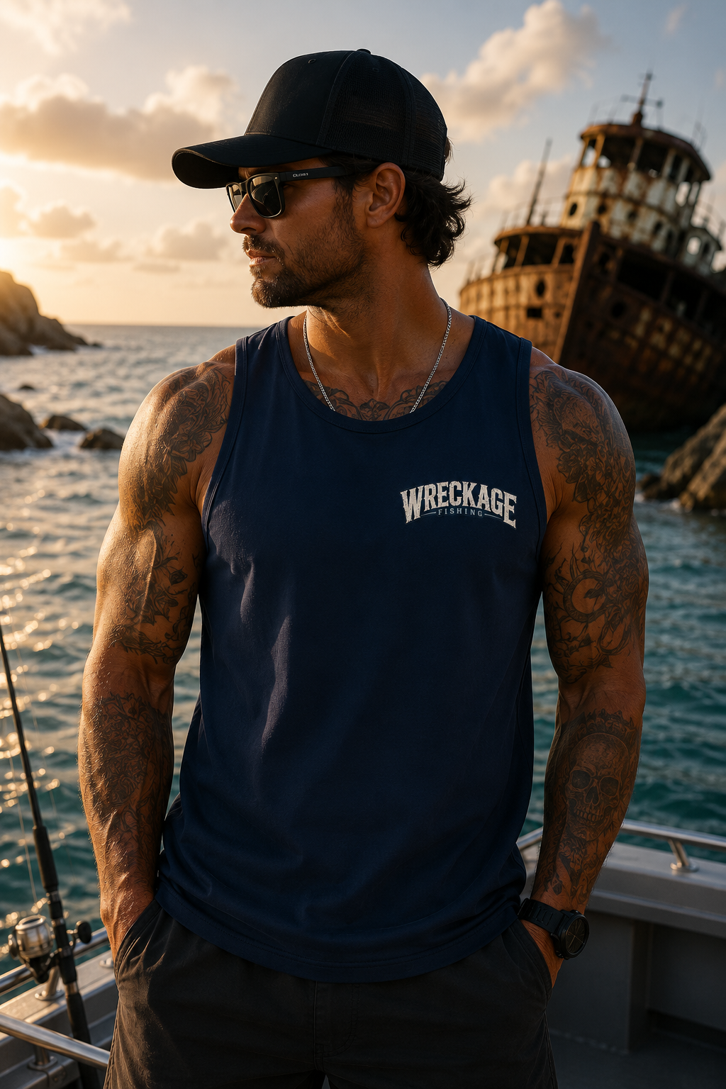 Wf Shark men's tank Top navy front.png