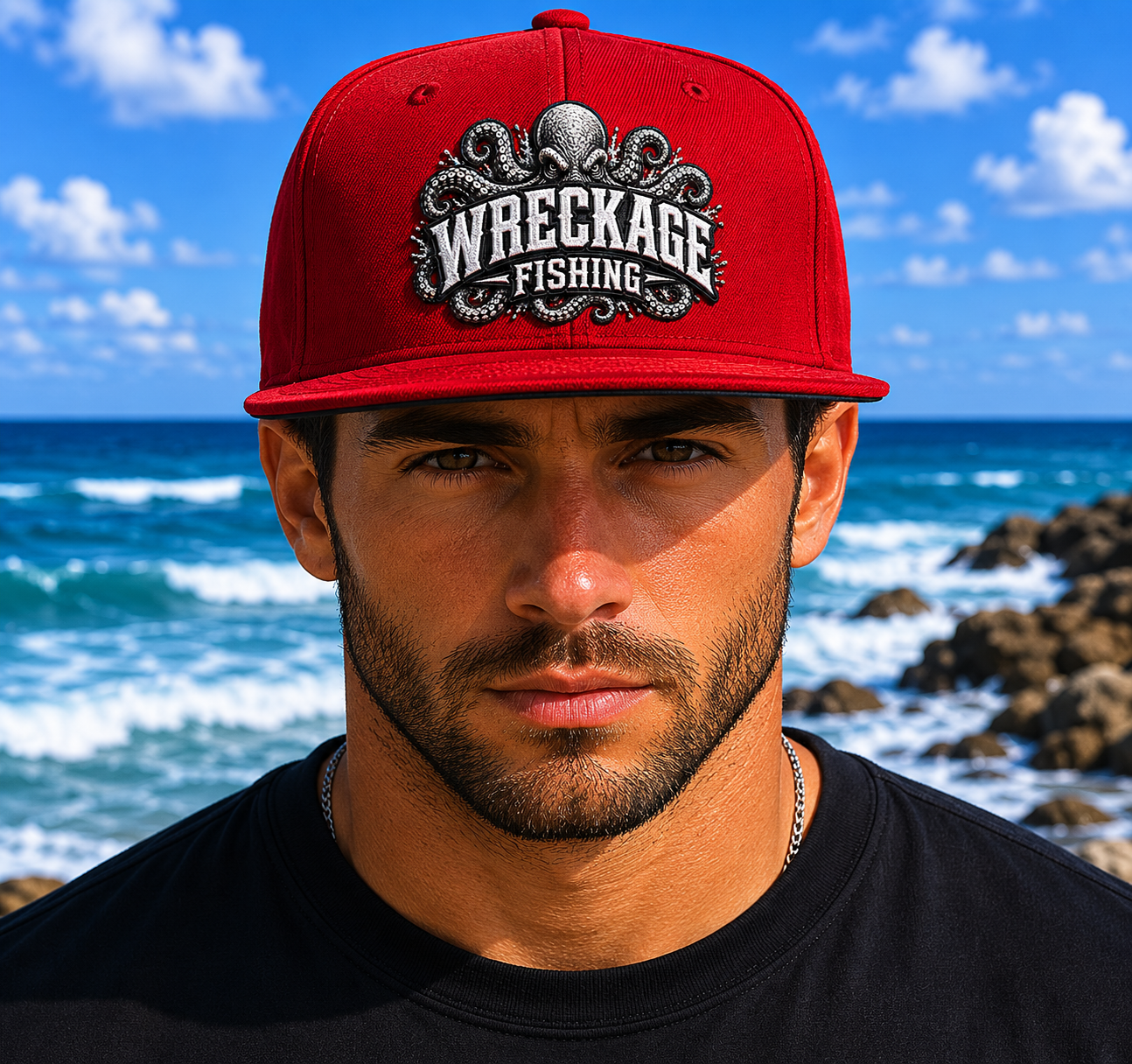 WF Octopus Flat Bill Hat red Front.png