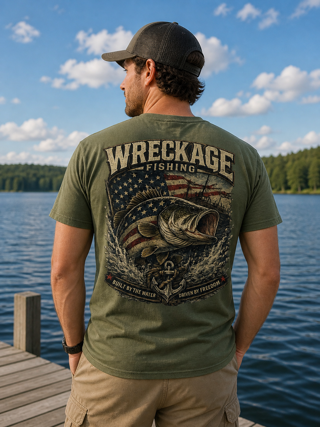 Wreckage Fishing Patriotic Bass Men's T-Shirt