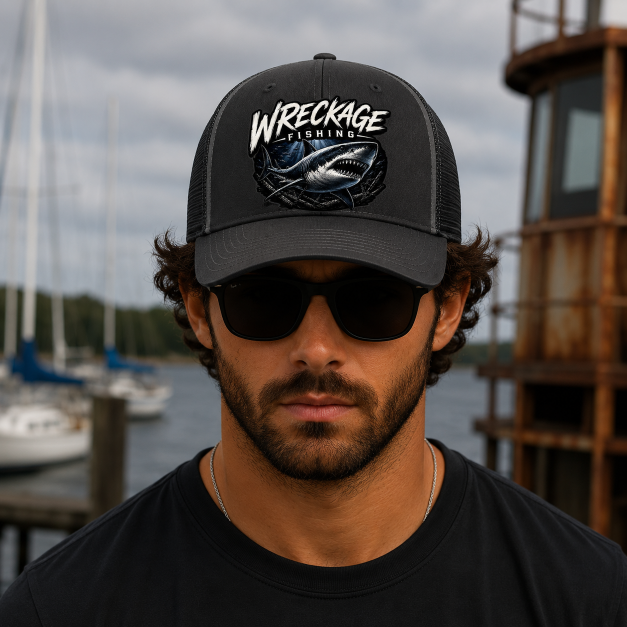 Wf shark Trucker hat charcoal:black front.png