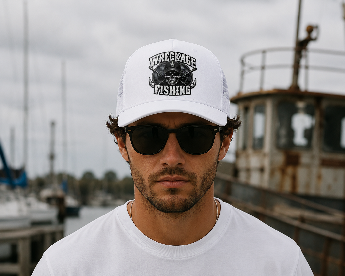 WF Skull and Hooks Trucker Hat White:White front.png