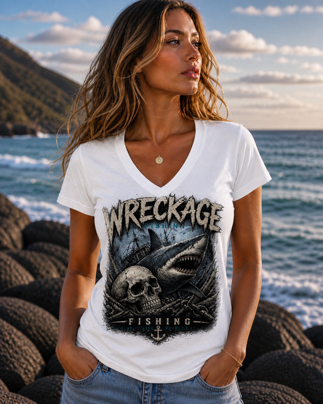 WF Skull and Shark Women's V-Neck white.png
