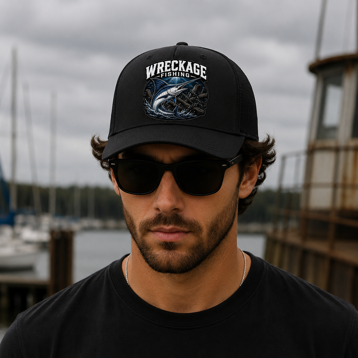 WF Marlin Trucker hat Black:black front.png