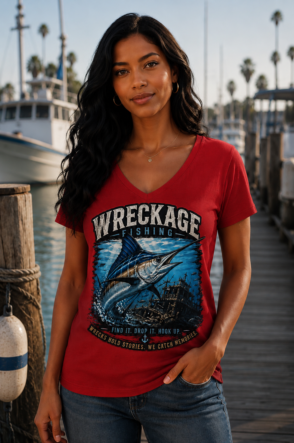 WF Marlin Women's V-Neck T-Shirt red.png