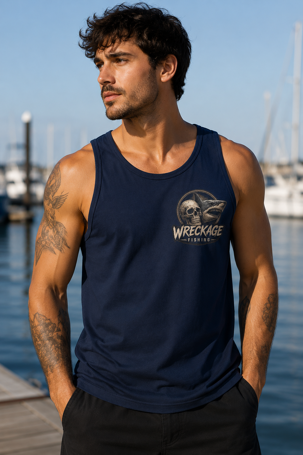 WF Skull and Shark men's Tank Top navy front.png