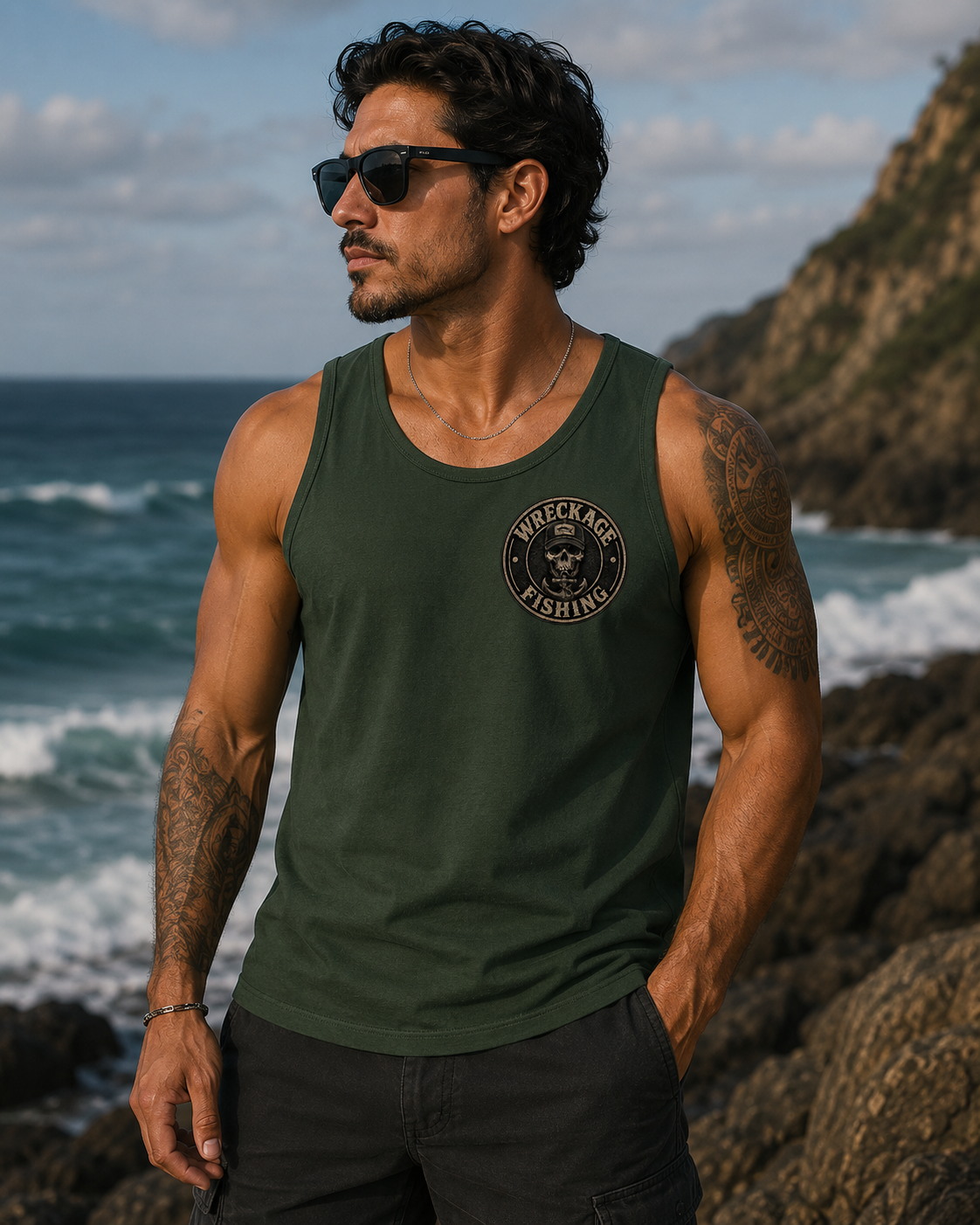 WF Black and Gray Skull Men's Tank Top fgreen Front.png