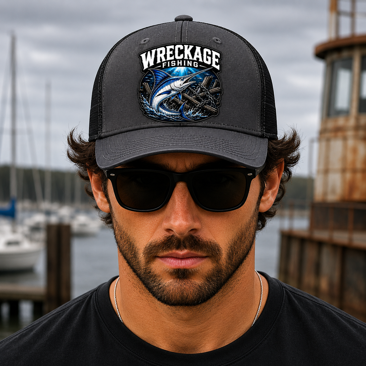 WF Marlin Trucker hat charcoal:black front.png