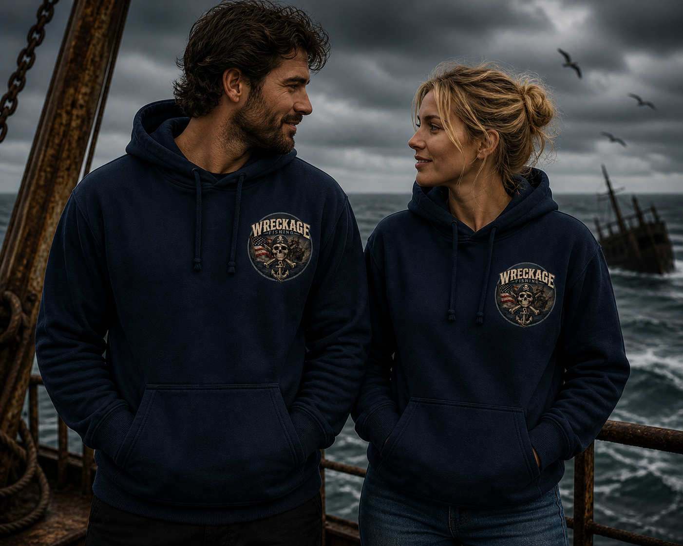 WF Pirate Ship and American Flag hoodie navy front.png