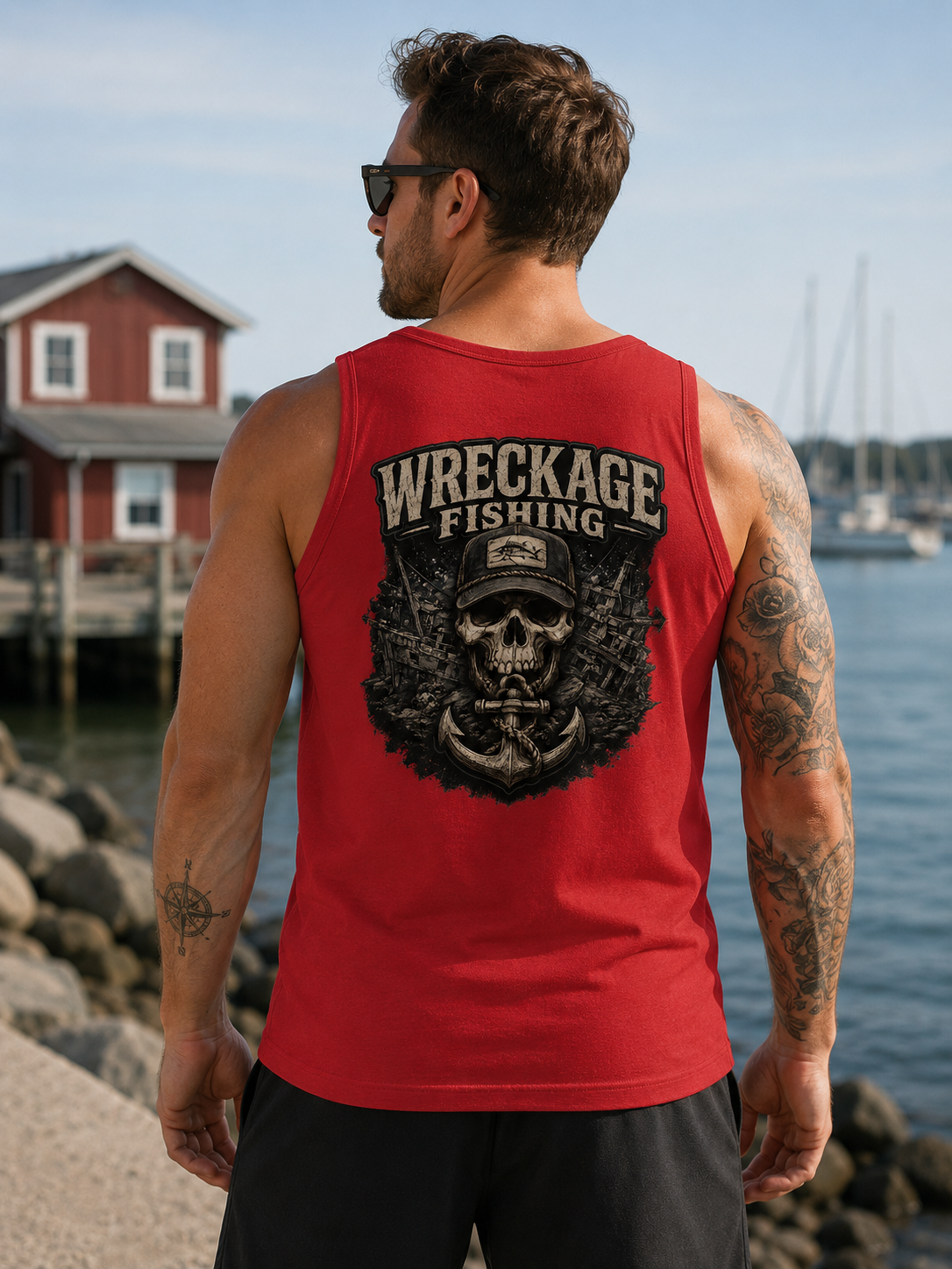 Wreckage Fishing Black and Gray Skull Men's Tank Top