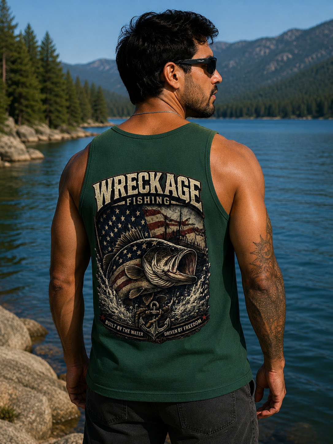 WF Patriotic Bass Men's Tank top fgreen back.png