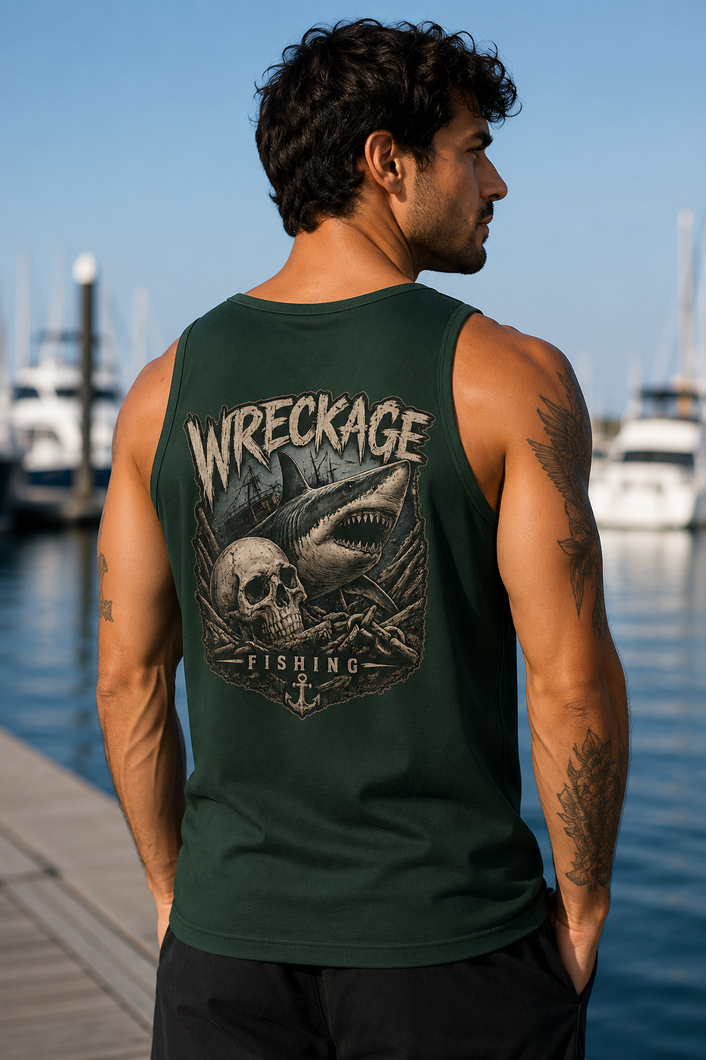 WF Skull and Shark men's Tank Top fgreen back.png