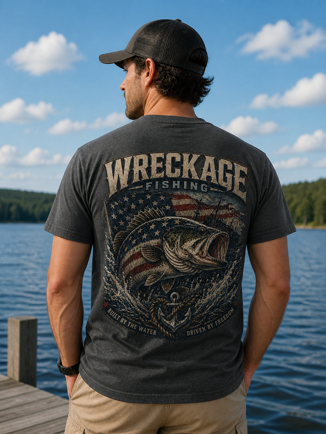 Wreckage Fishing Patriotic Bass Men's T-Shirt