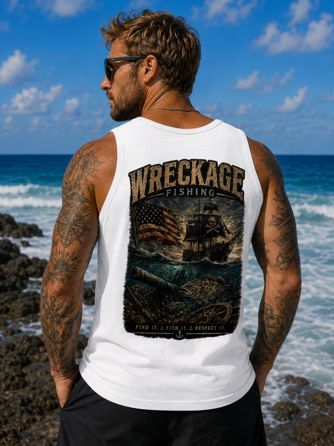 Wreckage Fishing Pirate Ship and American Flag Men's Tank Top