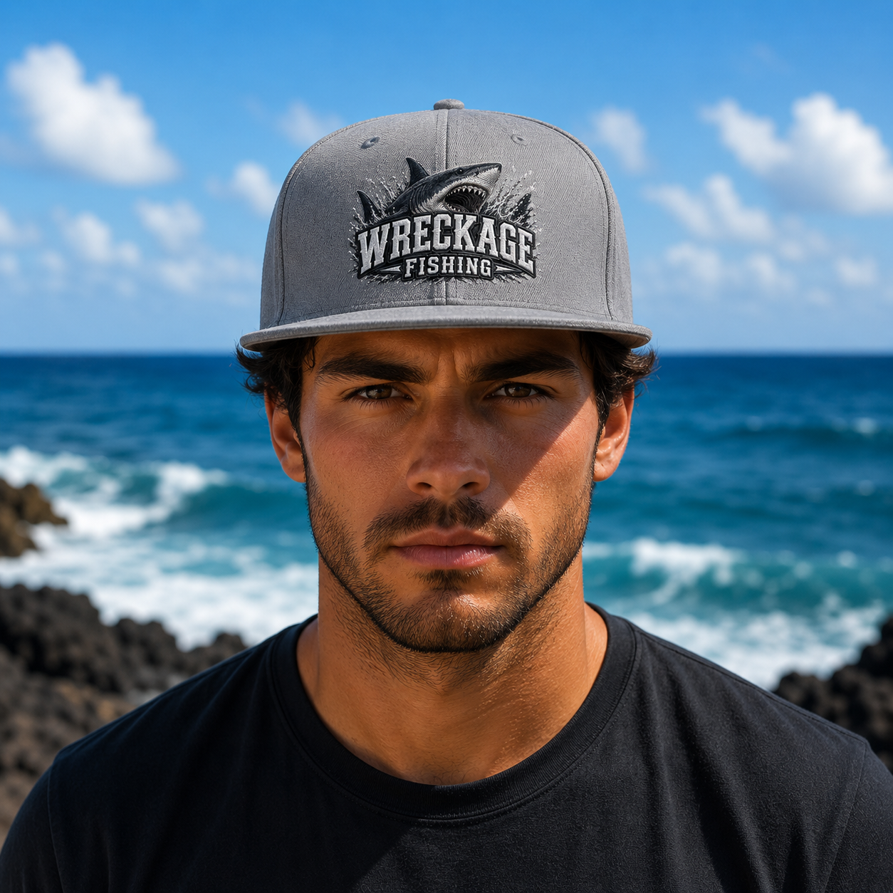 Wreckage Fishing Shark Flat Bill Snapback Hat Embroidered