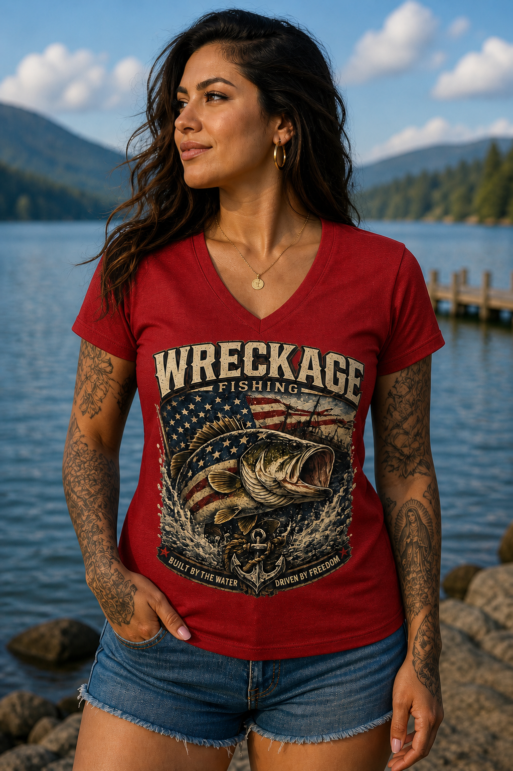 WF Patriotic Bass Women's V-Neck red.png