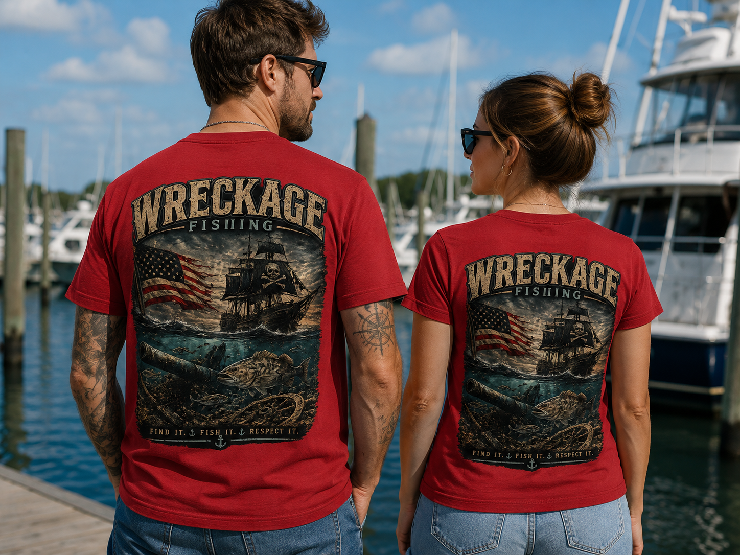Wreckage Fishing Pirate Ship and American Flag Men's T-Shirt