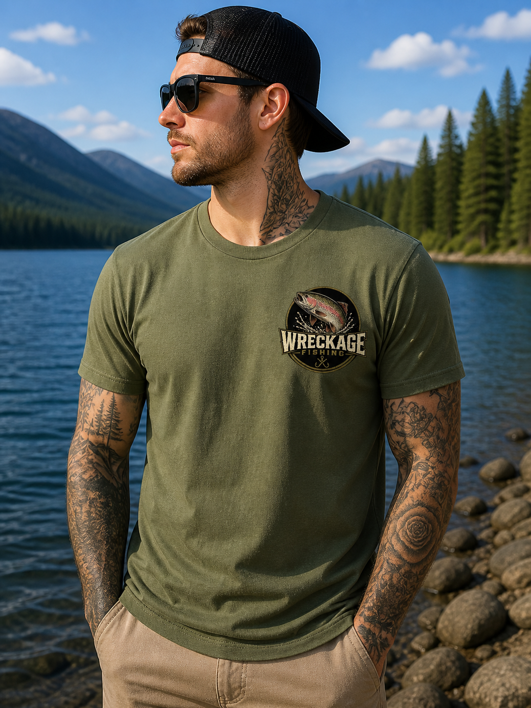 WF Rainbow Trout Tshirt mgreen front.png