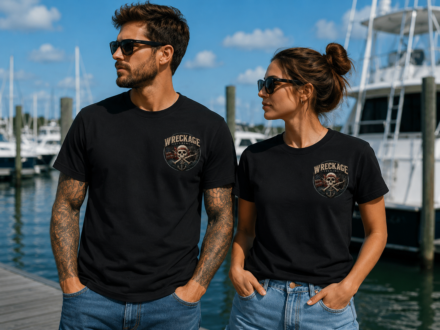 WF Pirate Ship and American Flag Tshirt Black front.png