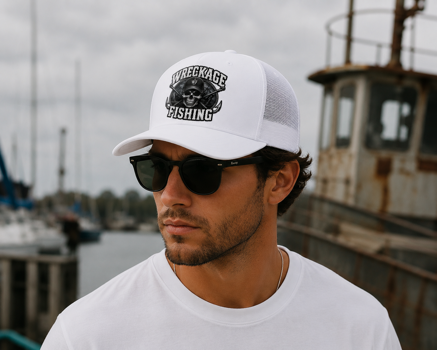 WF Skull and Hooks Trucker Hat White:White Side.png