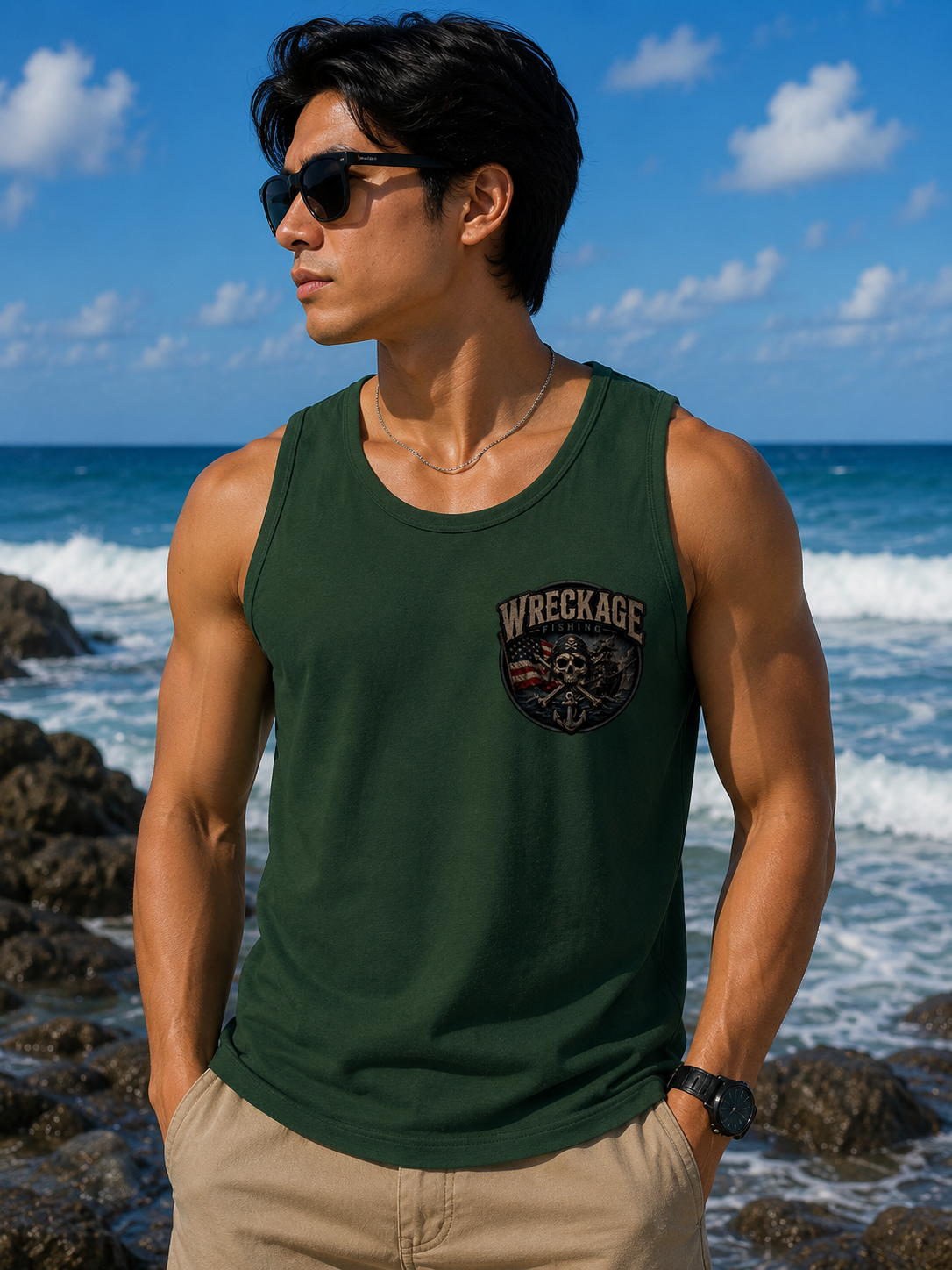 WF Pirate Ship and Amer Flag men's Tank Top fgreen front.png