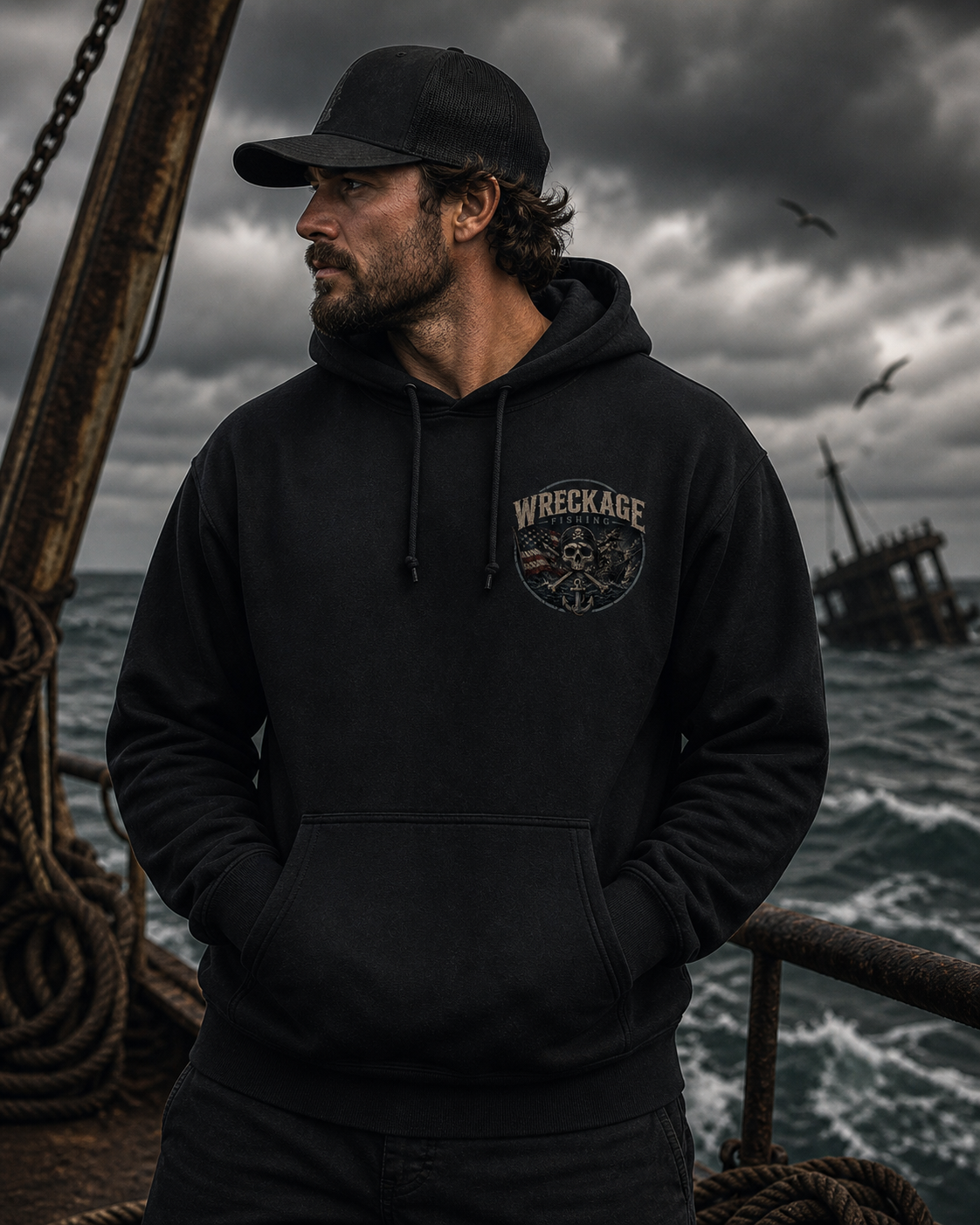 WF Pirate Ship and American Flag hoodie black front.png